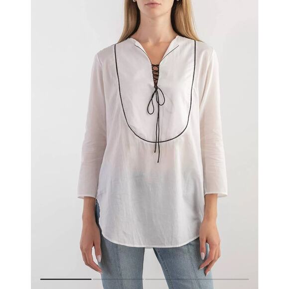 Theory White Black Cotton Lawn Jalinnie Popover Tunic V Neck Top Size Medium - Picture 2 of 14